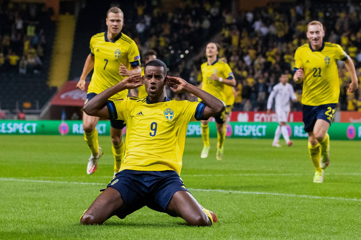 No.9 Alexander Isak pictured celebrating after scoring a goal for Sweden against Spain in September 2021