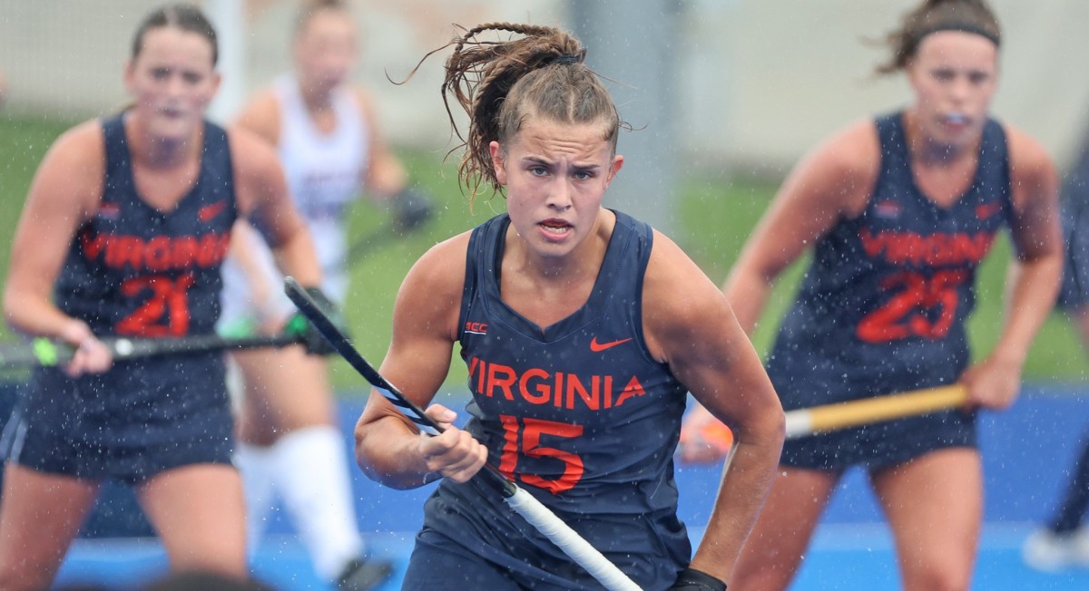 Senior striker Laura Janssen chases the ball during the Virginia field hockey scrimmage against American.