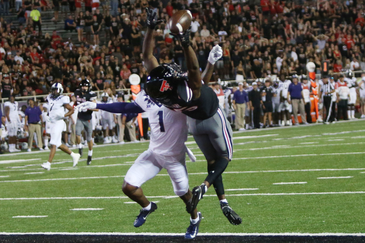 Oct 9, 2021; Lubbock, Texas, USA; Texas Tech Red Raiders wide receiver Trey Cleveland (85) reaches for a pass against the Texas Christian Horned Frogs in the second half at Jones AT&T Stadium.