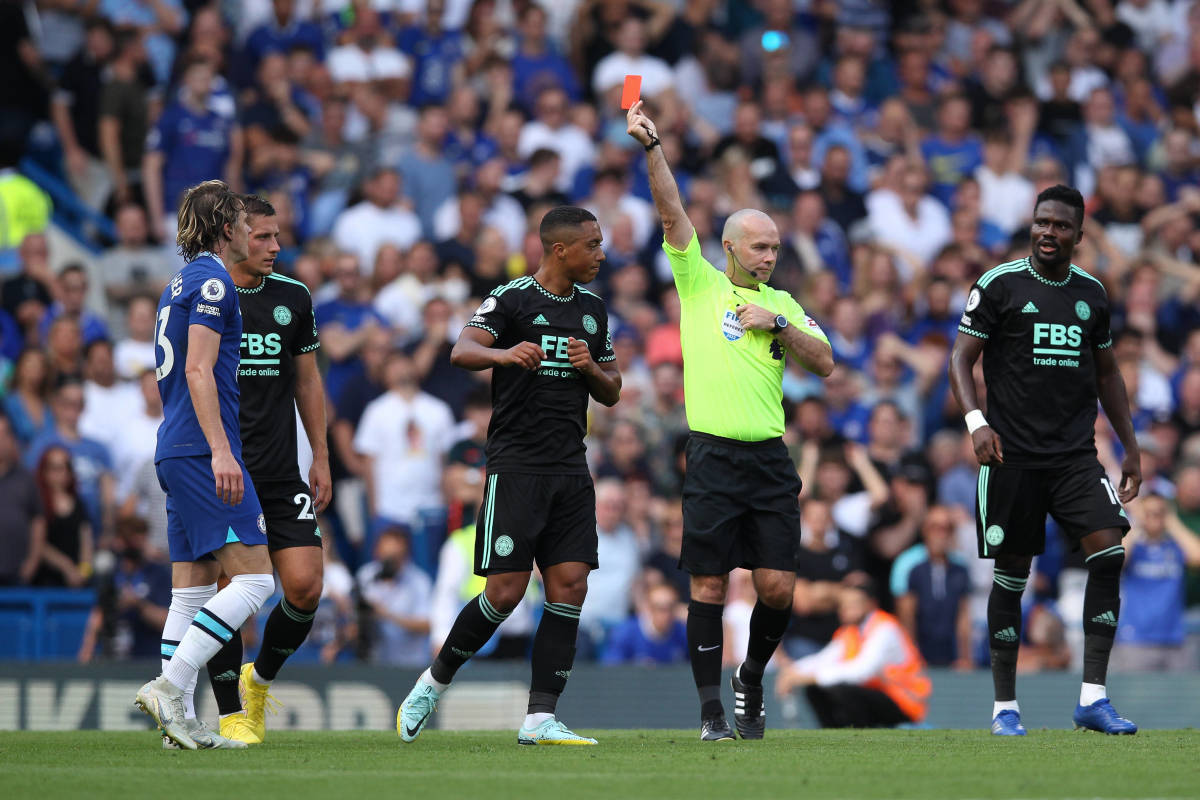 Chelsea midfielder Conor Gallagher (left) pictured receiving a red card from referee Paul Tierney during his team's 2-1 win over Leicester in August 2022