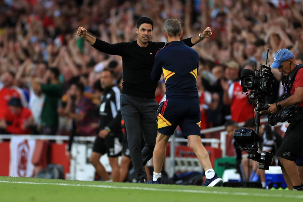Mikel Arteta pictured celebrating after the final whistle was blown in Arsenal's 2-1 win over Fulham in August 2022