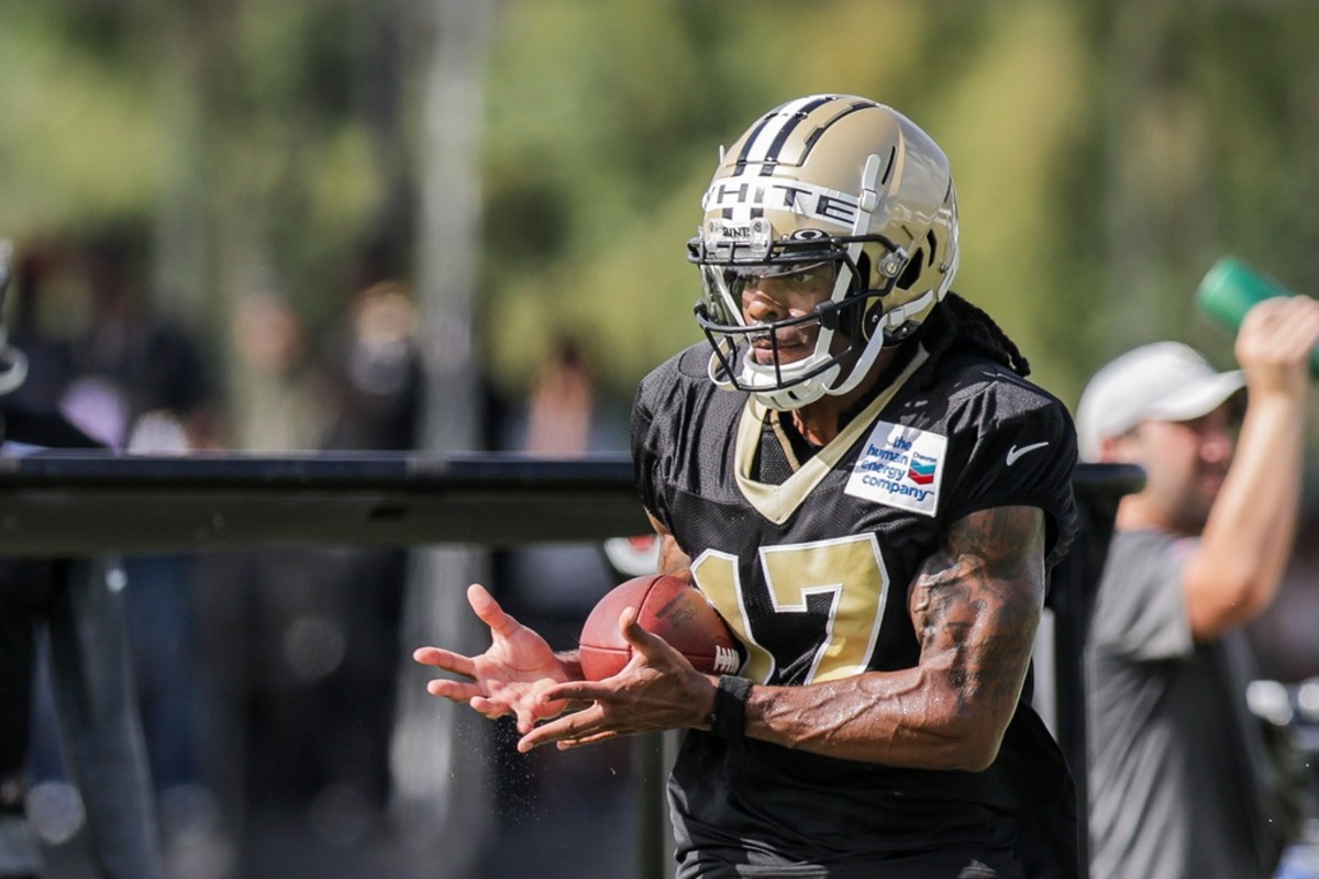 Jul 29, 2022; Metairie, LA, USA; New Orleans Saints wide receiver Kevin White (17) works during training camp at Ochsner Sports Performance Center.