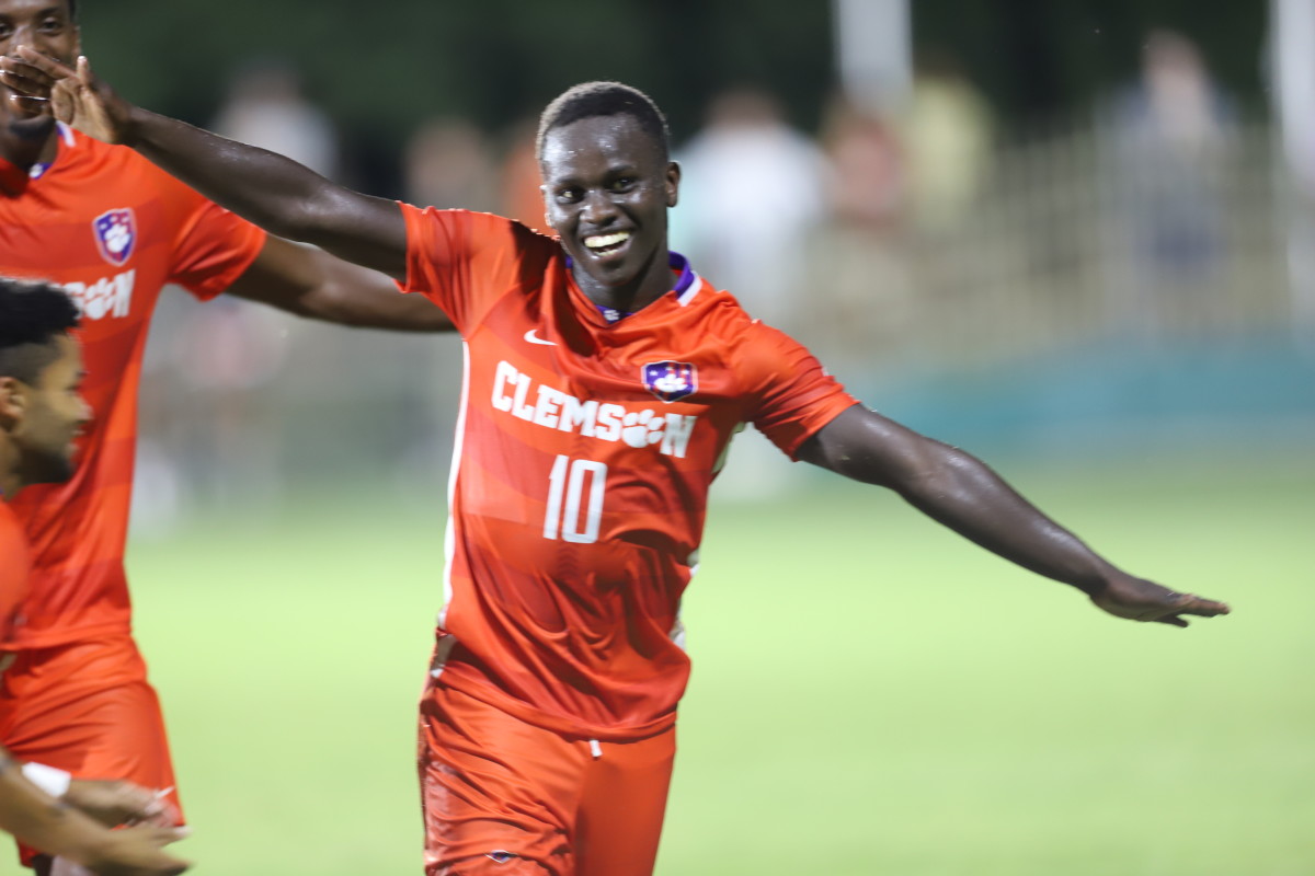Clemson midfielder Ousmane Sylla celebrates after scoring the Tigers' game-winning goal in the 79th minute of their 3-2 victory over No. 13 Indiana Friday at Historic Riggs Field in Clemson.