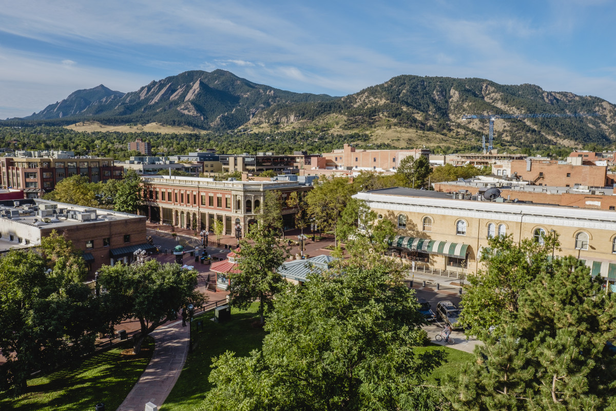 Boulder downtown with Flatirons in the background