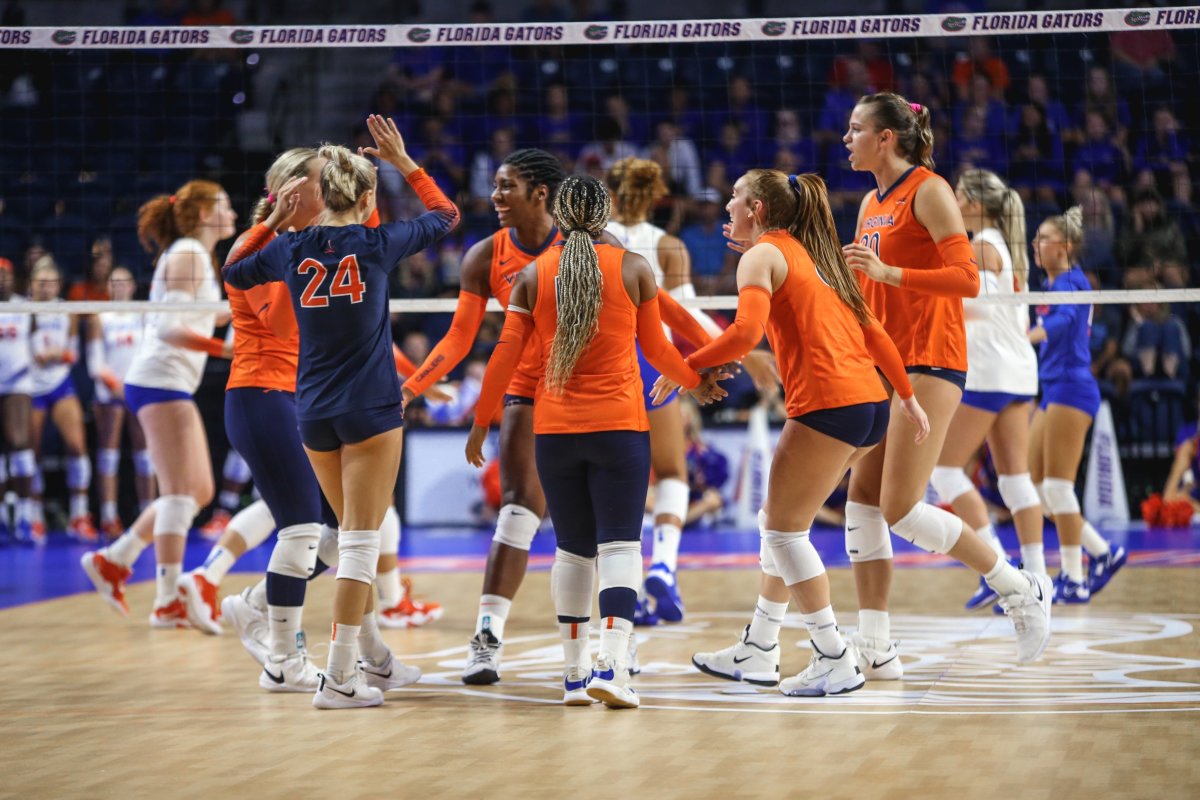 The Virginia volleyball team celebrates after scoring a point against the No. 15 Florida Gators on Saturday night in Gainesville, Florida.