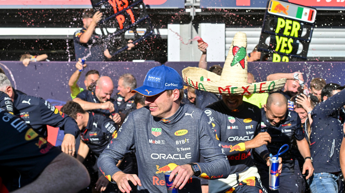 Max Verstappen and Sergio Perez after the Belgian Grand Prix