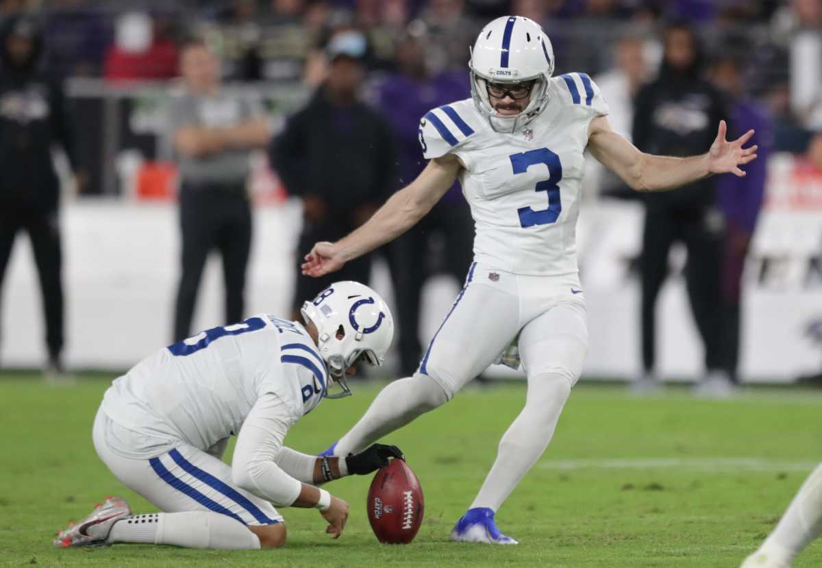 Indianapolis Colts kicker Rodrigo Blankenship (3) hammers home a field goal Monday, Oct. 11, 2021, during the second half of Colts against Baltimore at M&T Bank Stadium for Monday Night Football. 101121 Colts 034 Jw