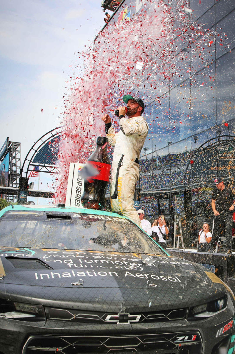 Forget champagne, Austin Dillon takes a sip from a bottle of Coke after winning Sunday's Coke Zero Sugar 400 at Daytona International Speedway. The win put Dillon into the playoffs for the fifth time in his career. (Photo by Andrew Coppley/HHP for Chevy Racing)