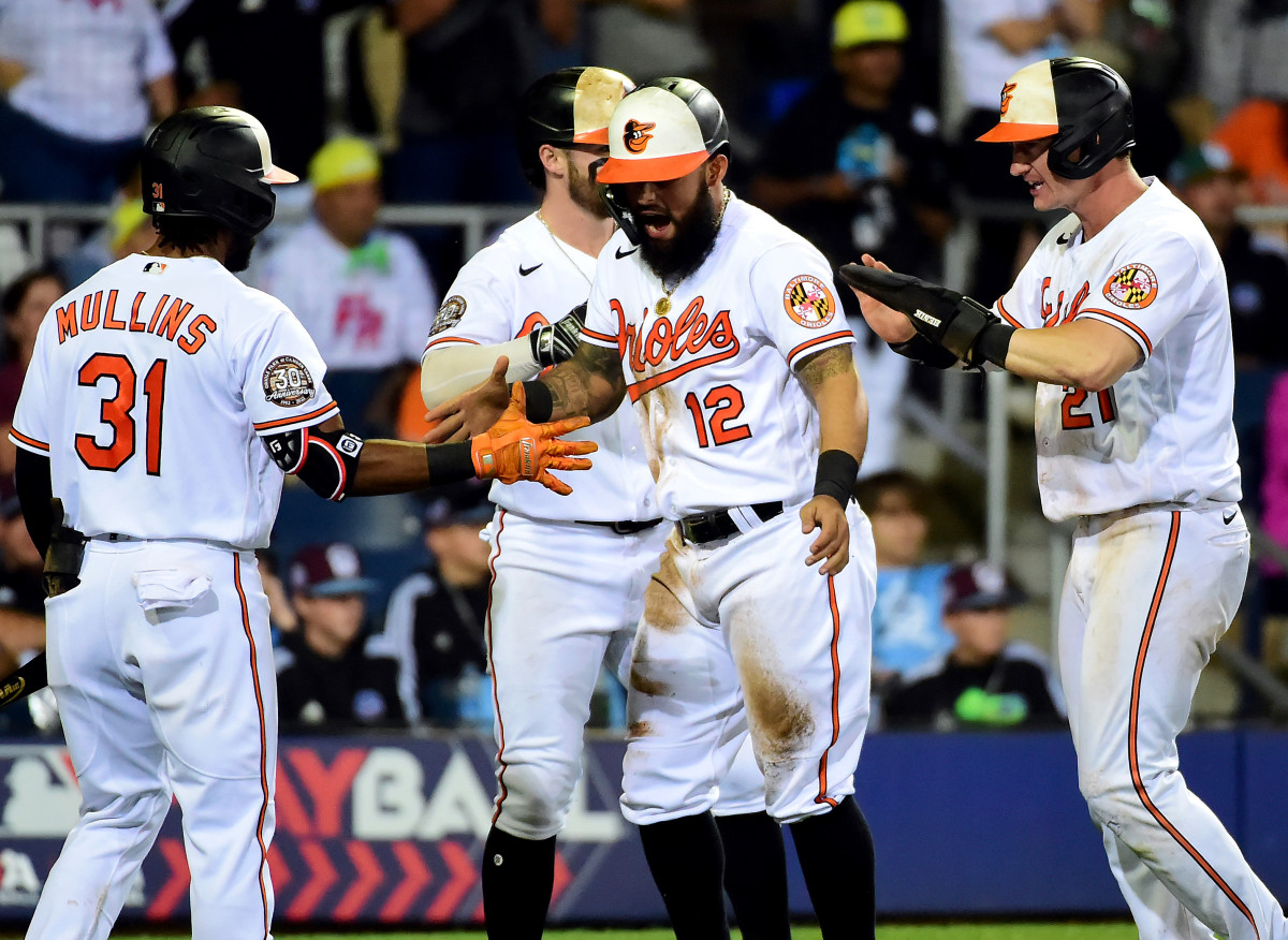 Aug 21, 2022; Williamsport, Pennsylvania, USA; Baltimore Orioles second baseman Rougned Odor (12) reacts after scoring a run in the eighth inning against the Boston Red Sox at Muncy Bank Ballpark at Historic Bowman Field.