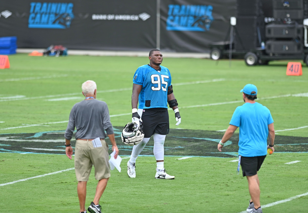 Jul 30, 2022; Spartanburg, South Carolina, US; Carolina Panthers defensive tackle Derrick Brown (95) on the field for training camp at Wofford College. Mandatory Credit: Griffin Zetterberg-USA TODAY Sports
