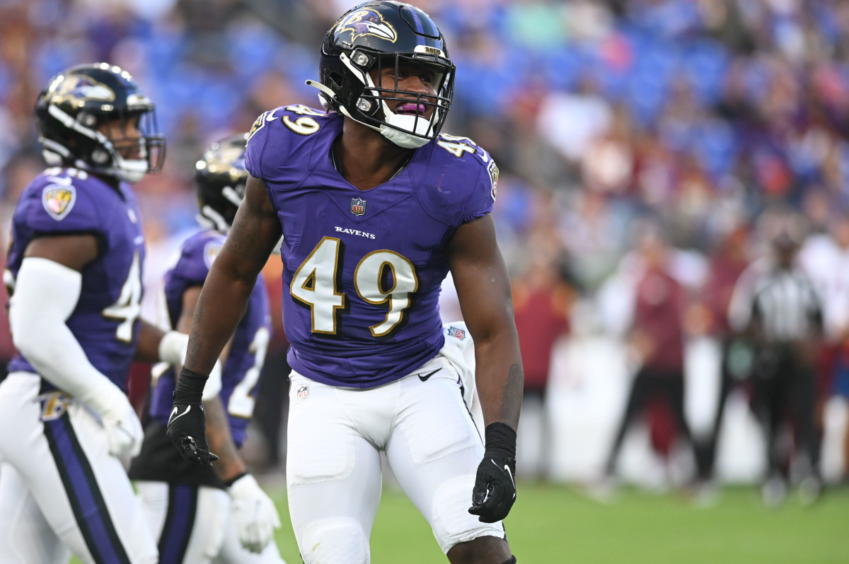 Aug 27, 2022; Baltimore, Maryland, USA; Baltimore Ravens linebacker Zakoby McClain (49) reacts after a play during the first quarter against the Washington Commanders at M&T Bank Stadium. Mandatory Credit: Tommy Gilligan-USA TODAY Sports