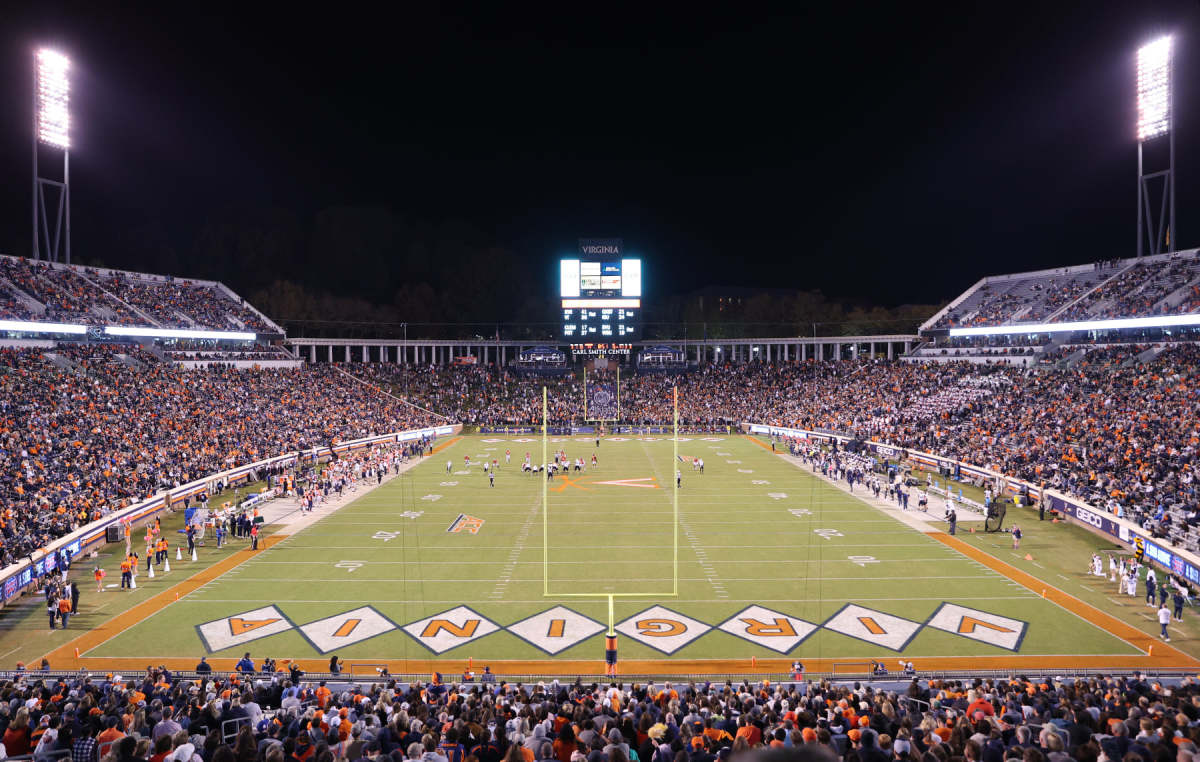 Full field view of Scott Stadium during a Virginia football night game in the 2021 season.