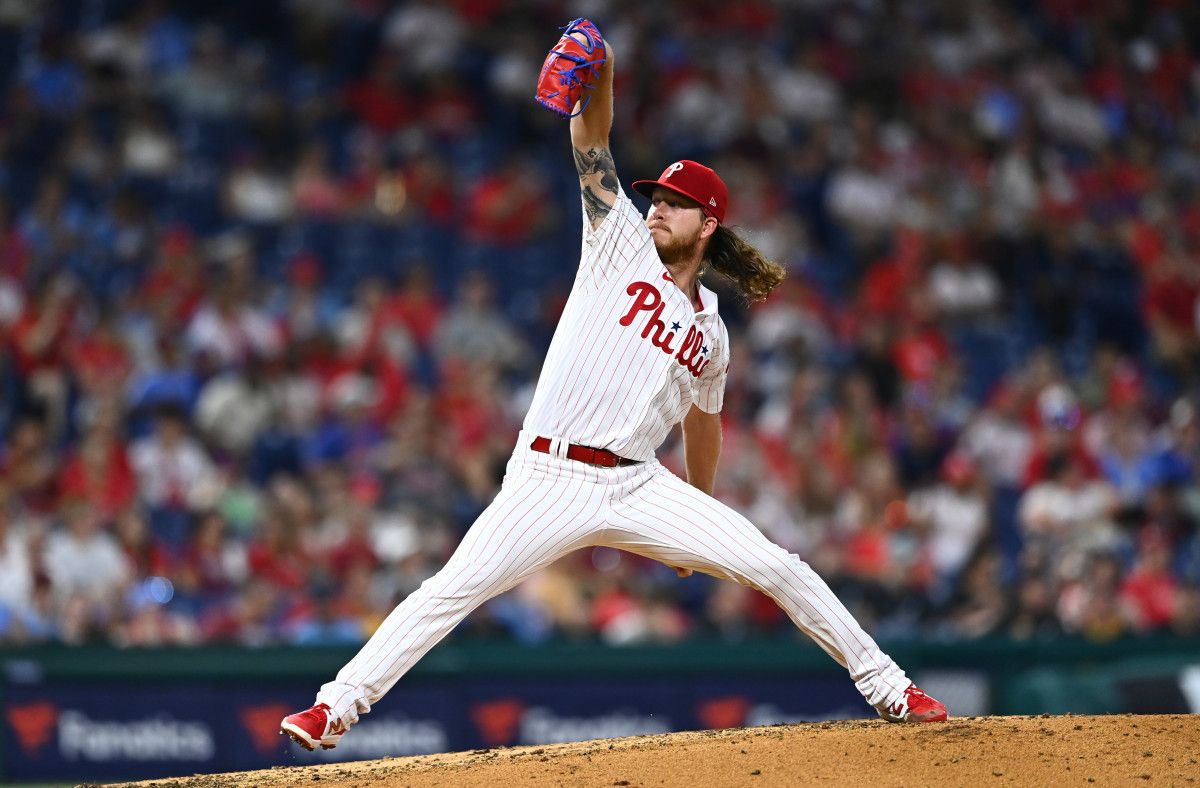 Bailey Falter winds up for a pitch at Citizens Bank Park.
