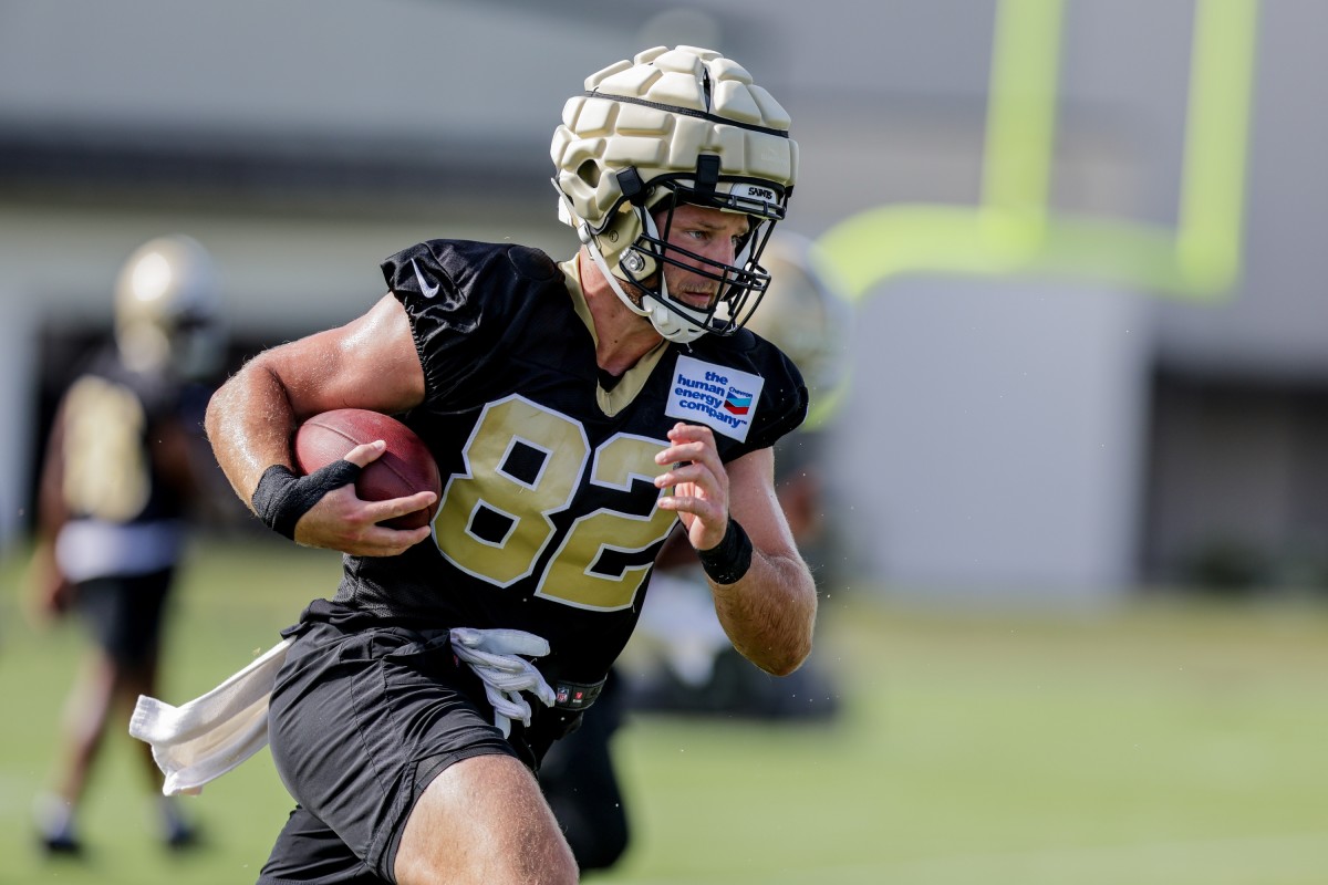 New Orleans Saints tight end Adam Trautman (82) works during training camp at Ochsner Sports Performance Center. Mandatory Credit: Stephen Lew-USA TODAY Sports