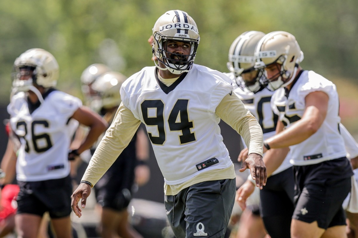 New Orleans Saints Cameron Jordan (94) stretches during organized team activities. Mandatory Credit: Stephen Lew-USA TODAY Sports