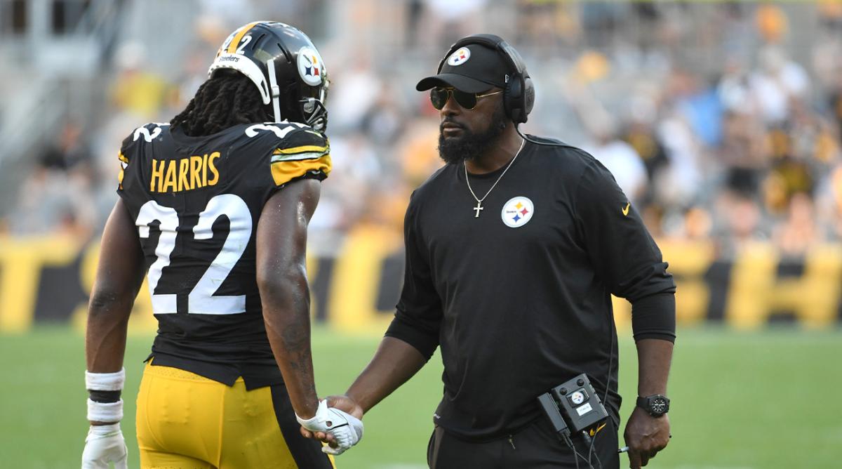 Aug 28, 2022; Pittsburgh, Pennsylvania, USA; Pittsburgh Steelers head coaqch Mike Tomlin greets running back Najee Harris (22) after a sore against the Detroit Lions during the second quarter at Acrisure Stadium.