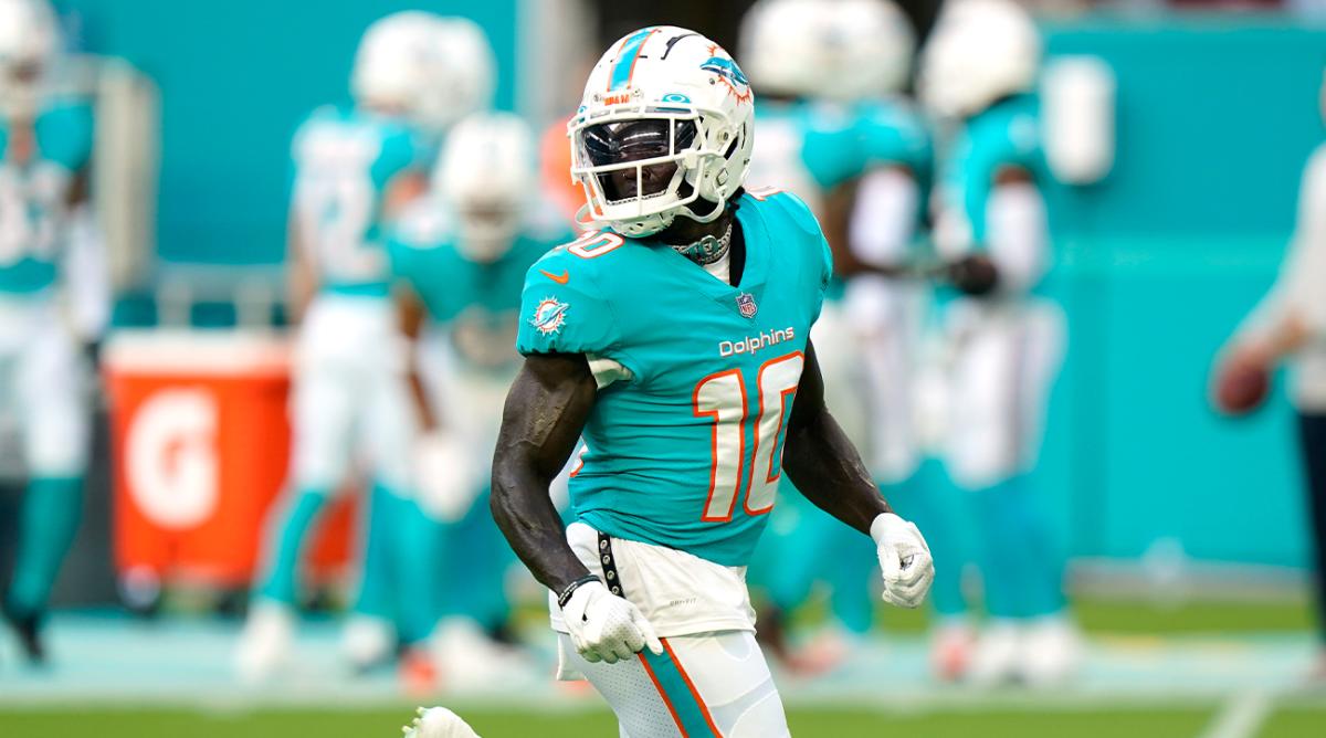 Miami Dolphins wide receiver Tyreek Hill (10) runs before a NFL preseason football game against the Las Vegas Raiders, Saturday, August 20, 2022, in Miami Gardens, Fla.