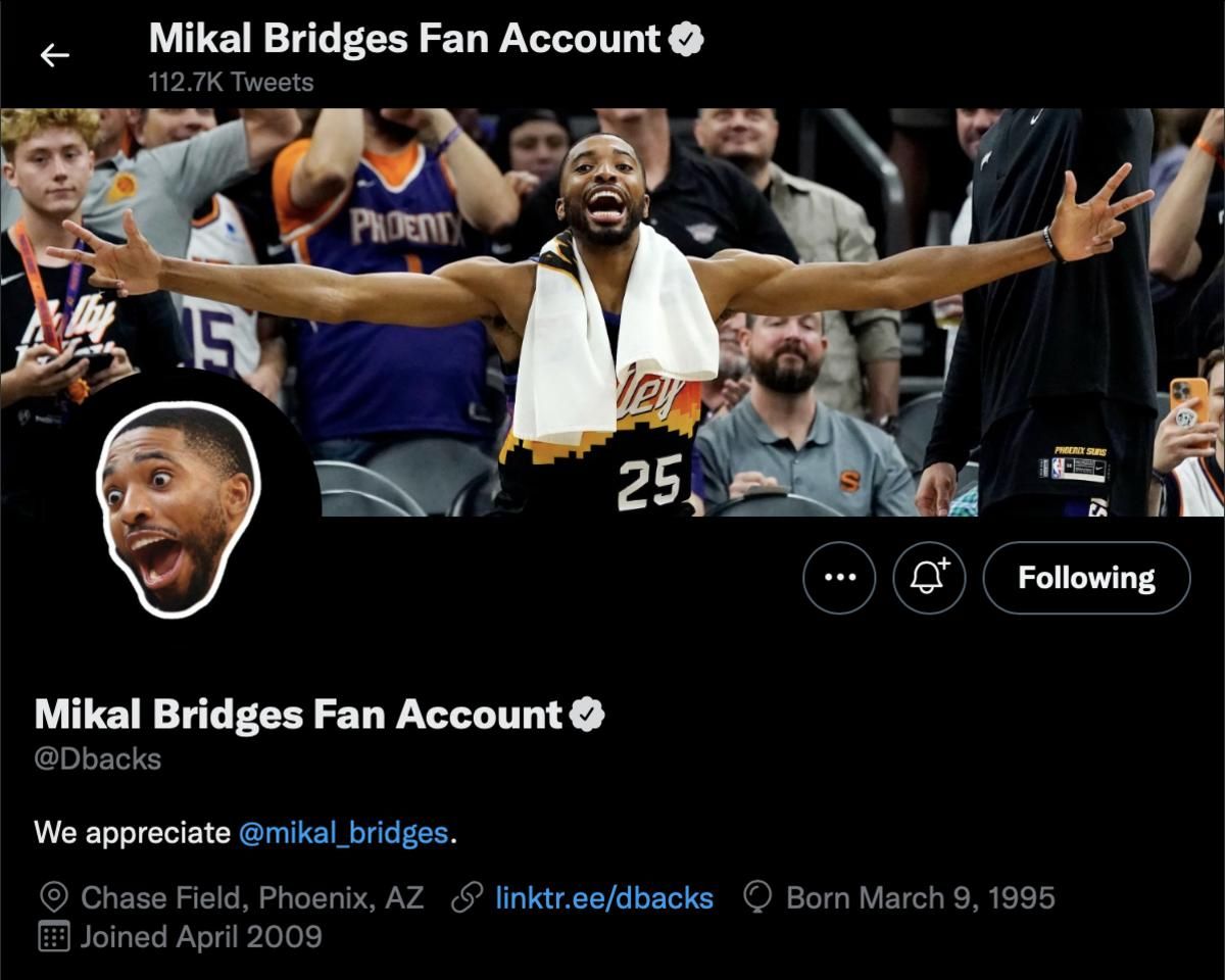 The Dbacks home twitter page for Mikal Bridges Day 9/30/22
