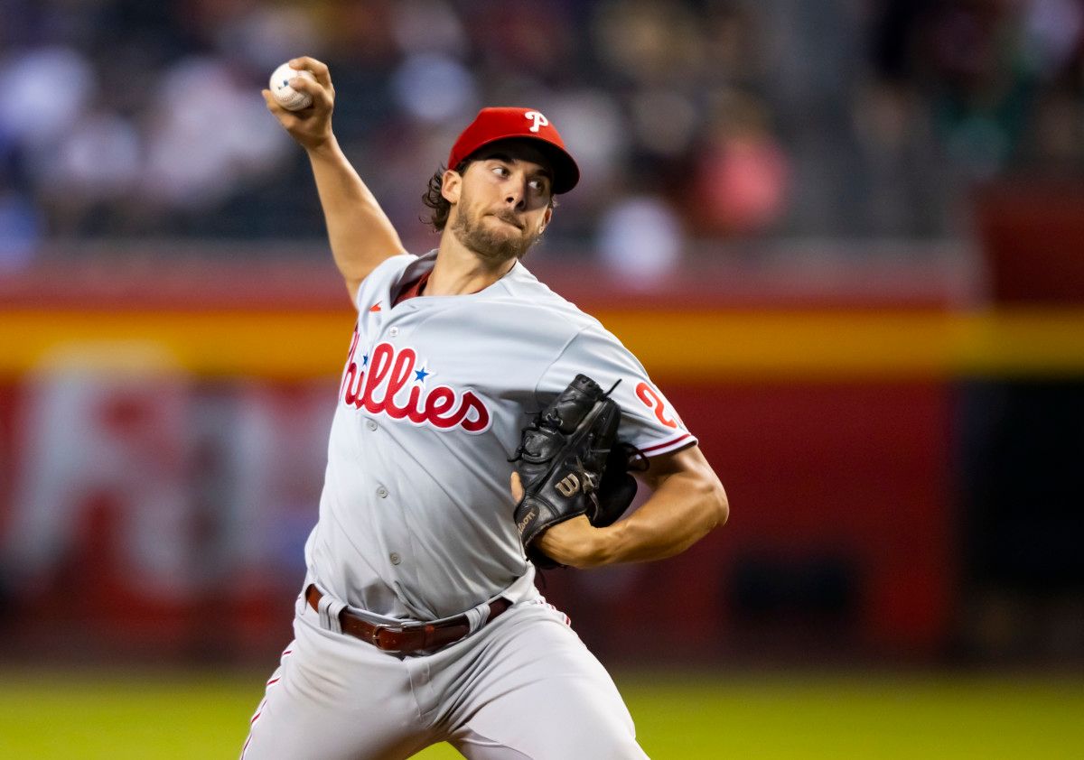 Aaron Nola throws a pitch against the Arizona Diamondbacks.