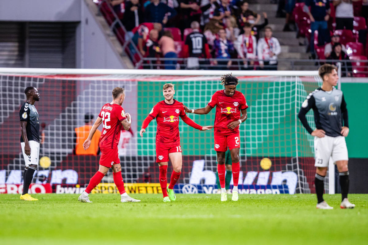Timo Werner (center) pictured celebrating a goal during RB Leipzig's 8-0 win over Teutonia Ottensen