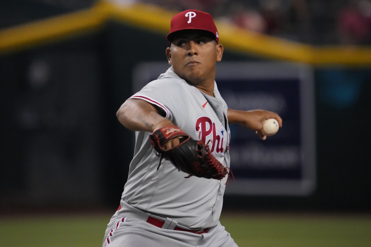 Ranger Suarez throws a pitch in Arizona