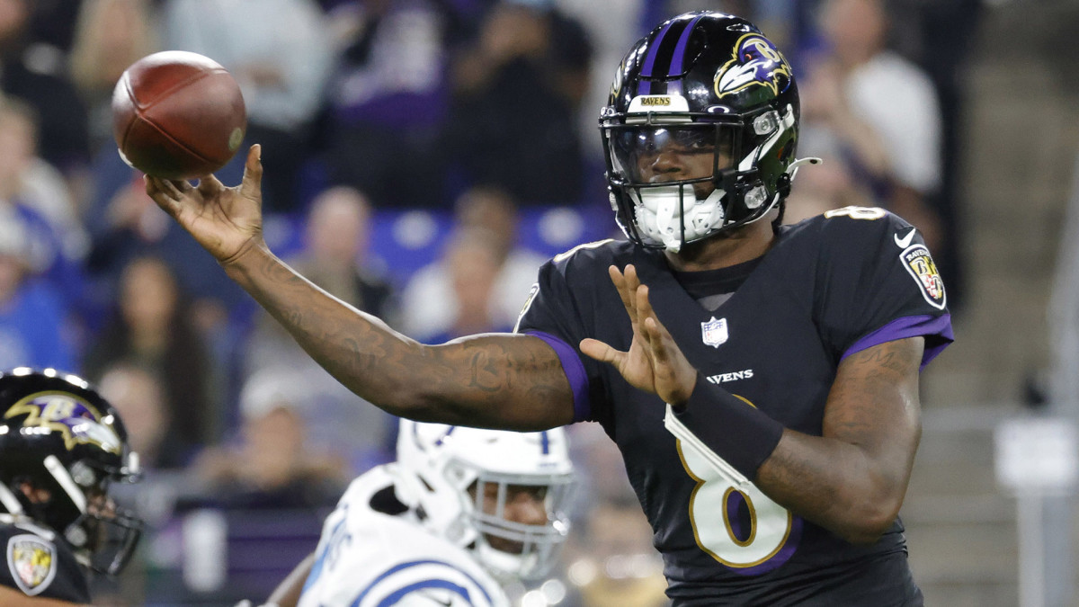 Lamar Jackson throws a pass against the Colts during a 2021 game