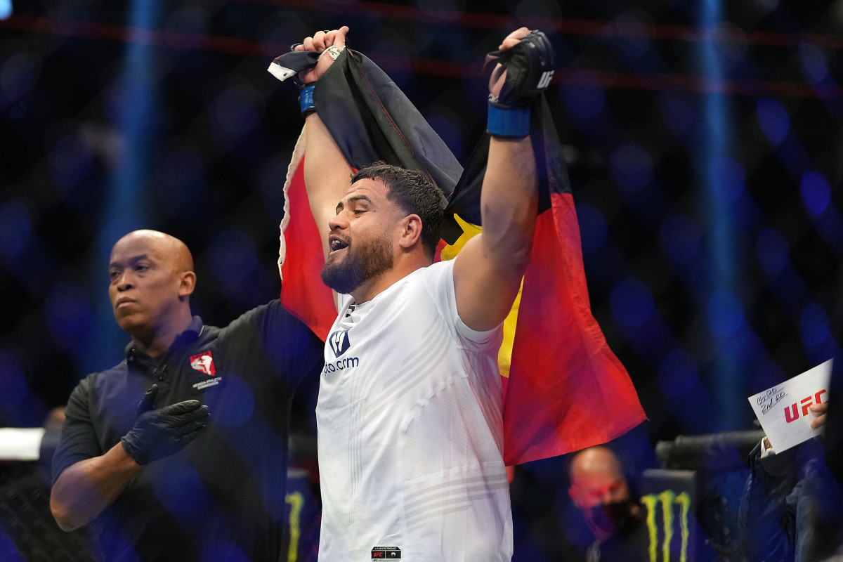 Tai Tuivasa is declared the winner by knockout against Agusto Sakai during UFC 269 at T-Mobile Arena.