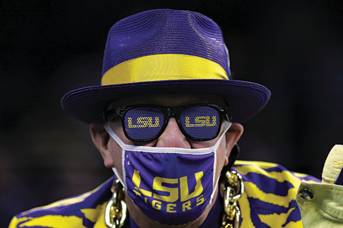 An LSU fan looks on at the Texas Bowl.