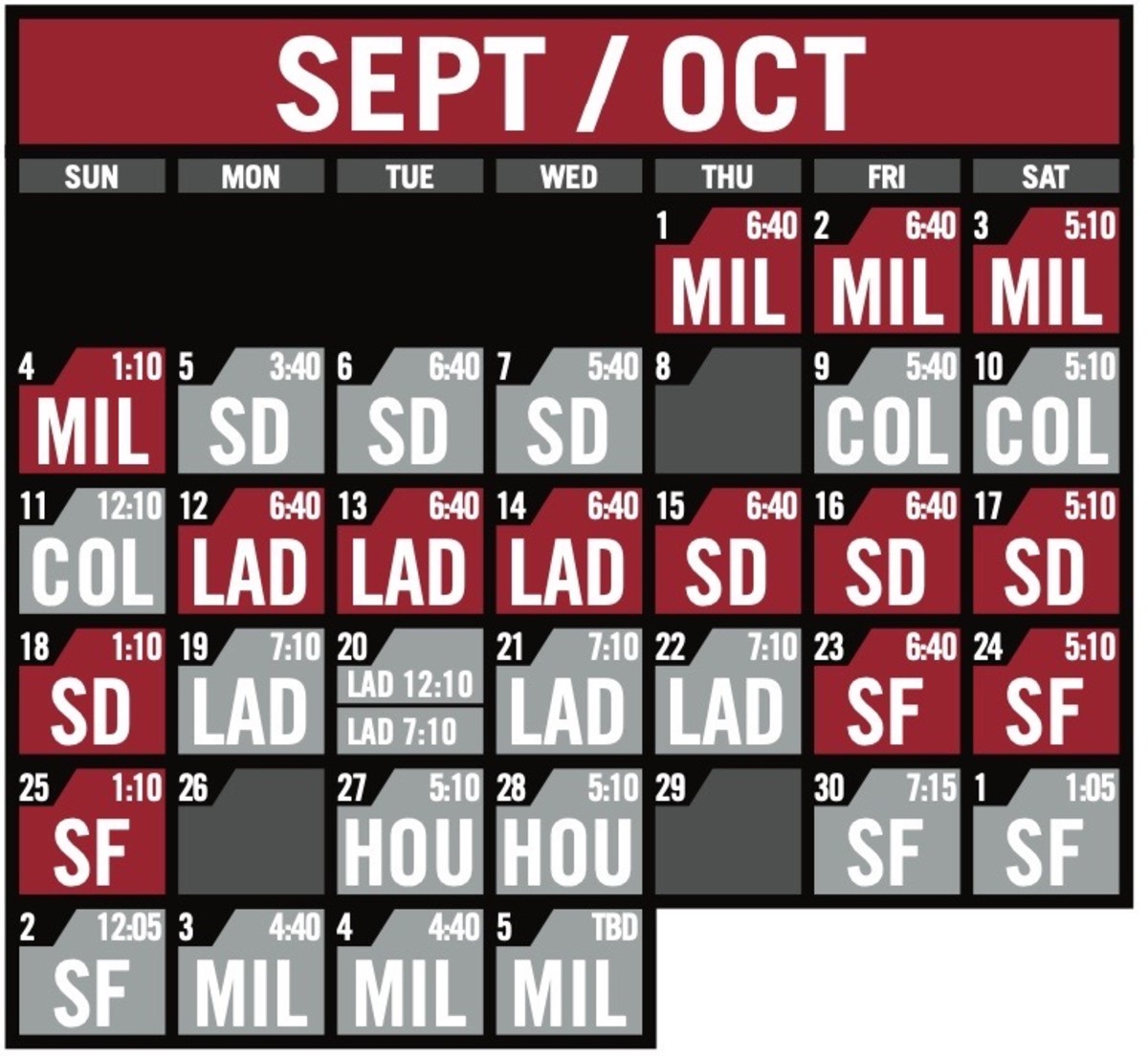 The Diamondbacks schedule for September and October 2022.