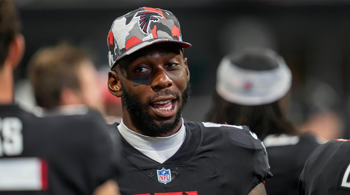 Aug 27, 2022; Atlanta, Georgia, USA; Atlanta Falcons tight end Kyle Pitts (8) shown on the bench during the game against the Jacksonville Jaguars during the second half at Mercedes-Benz Stadium.