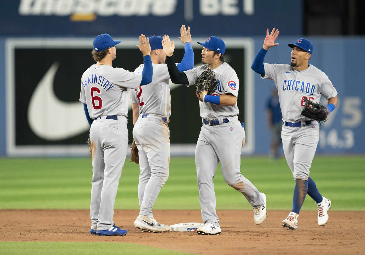 The Chicago Cubs celebrate their Wednesday night win against the Toronto Blue Jays. 