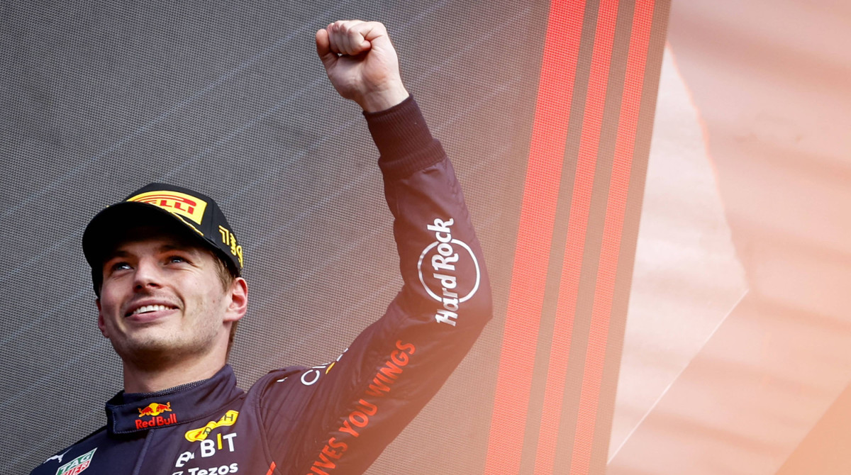Max Verstappen celebrates his victory after the F1 Grand Prix of Belgium at the Circuit of Spa-Francorchamps on August 29, 2022 in SPA, Belgium.