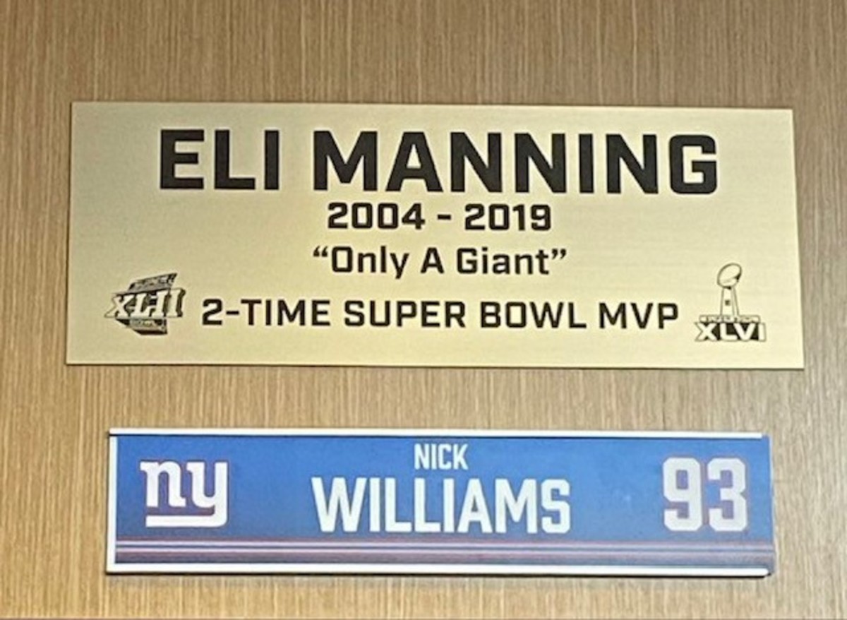 The special plaque marking the long-tie locker stall assignment held by retired Giants quarterback Eli Manning inside of the team's Quest Diagnostics Training Center.
