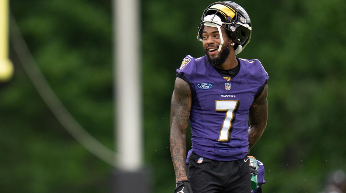 Jul 27, 2022; Owings Mills, MD, USA; Baltimore Ravens wide receiver Rashod Bateman (7) reacts during day one of training camp at Under Armour Performance Center.