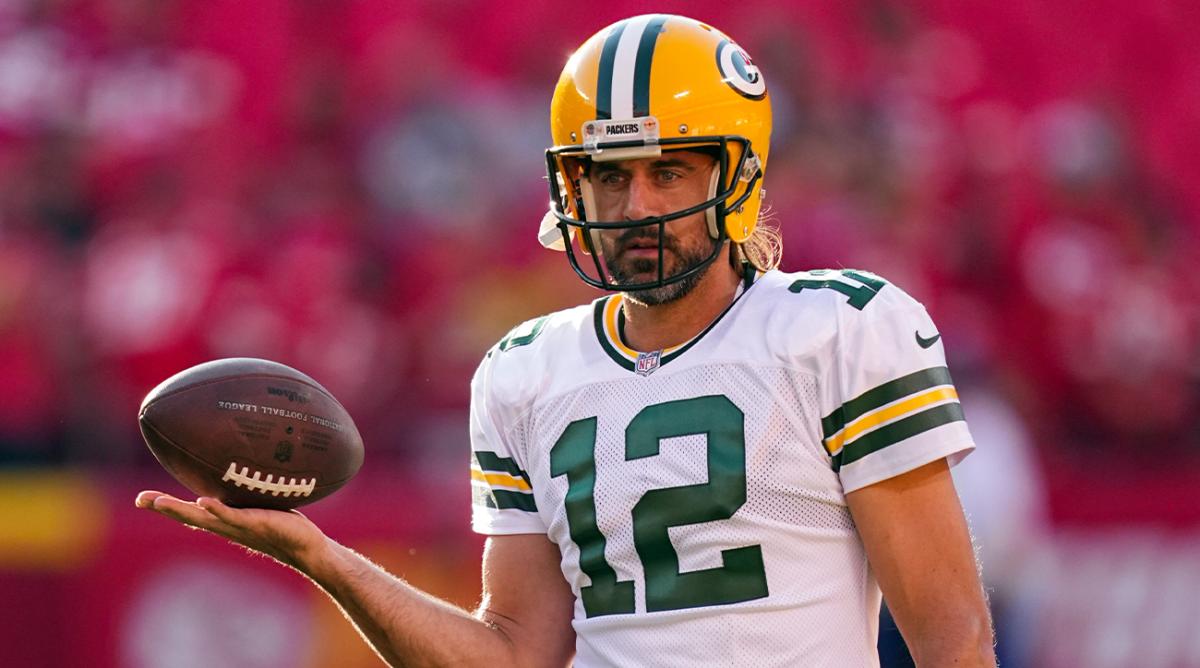 Aug 25, 2022; Kansas City, Missouri, USA; Green Bay Packers quarterback Aaron Rodgers (12) warms up before a game against the Kansas City Chiefs at GEHA Field at Arrowhead Stadium.