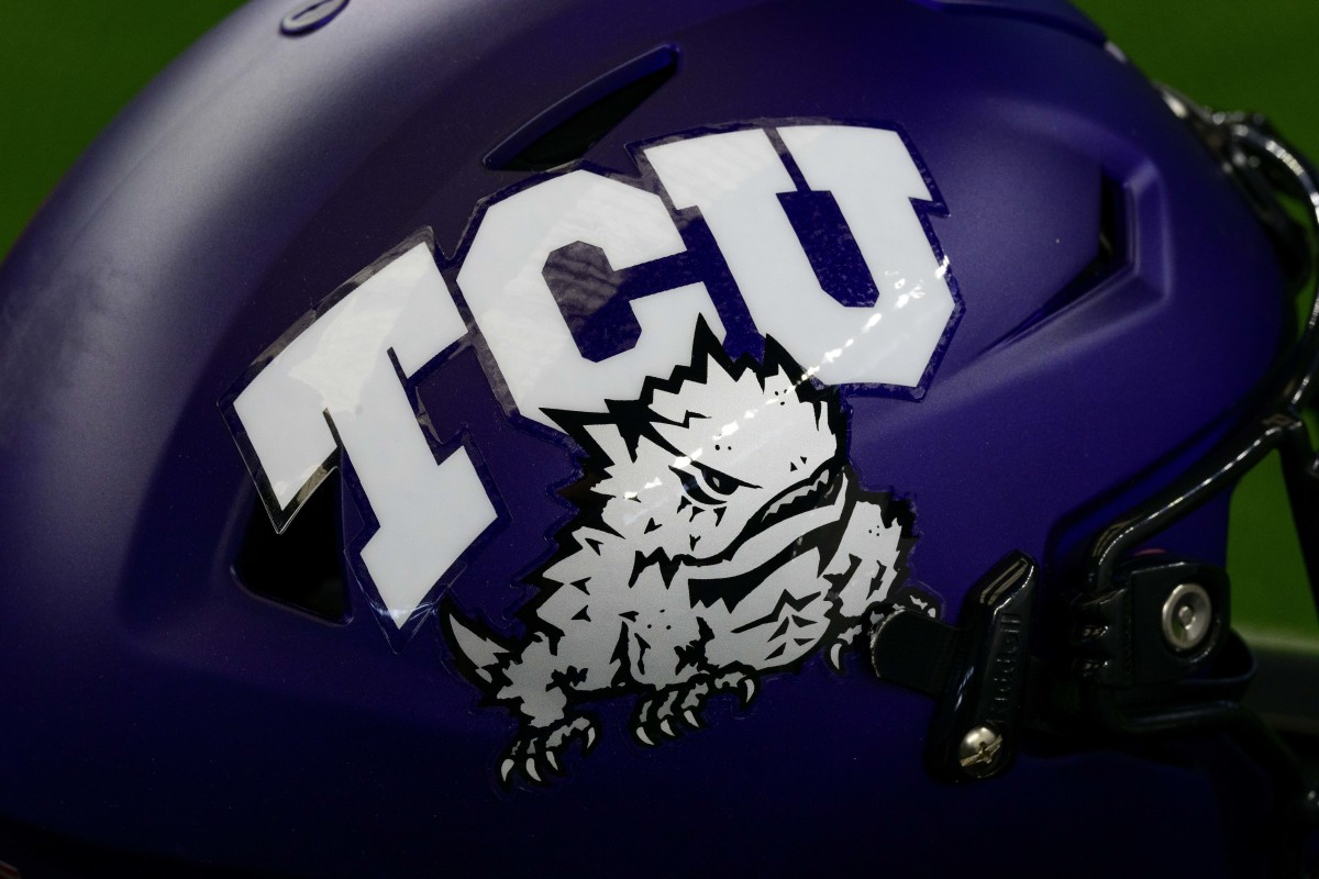 Jul 14, 2022; Arlington, TX, USA; A view of the TCU Horned Frogs helmet logo during the Big 12 Media Day at AT&T Stadium. Mandatory Credit: Jerome Miron-USA TODAY Sports