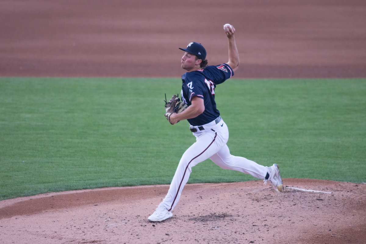Brandon Pfaadt delivers a pitch for the Reno Aces against the Salt Lake Bees.