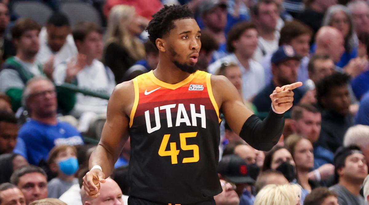 Apr 18, 2022; Dallas, Texas, USA; Utah Jazz guard Donovan Mitchell (45) reacts against the Dallas Mavericks during the second quarter in game two of the first round of the 2022 NBA playoffs at American Airlines Center.
