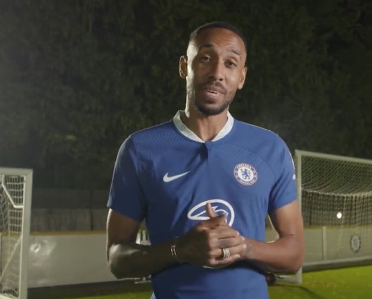 Pierre-Emerick Aubameyang pictured recording a message for Chelsea fans after signing from Barcelona in September 2022