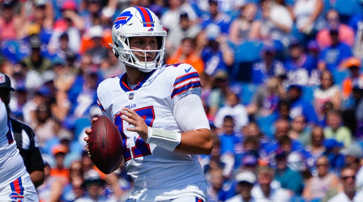 Aug 20, 2022; Orchard Park, New York, USA; Buffalo Bills quarterback Josh Allen (17) looks to throw the ball against the Denver Broncos during the first half at Highmark Stadium.