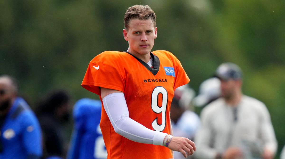 Cincinnati Bengals quarterback Joe Burrow (9) looks toward the sideline during a joint practice with the Los Angeles Rams, Wednesday, Aug. 24, 2022, at the Paycor Stadium practice fields in Cincinnati.