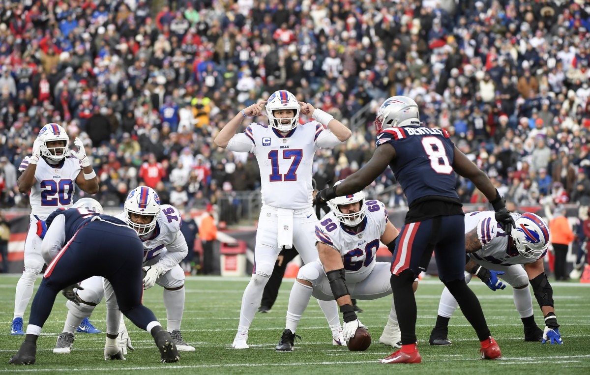 Buffalo Bills quarterback Josh Allen (17) against the New England Patriots. Mandatory Credit: Bob DeChiara-USA TODAY Sports