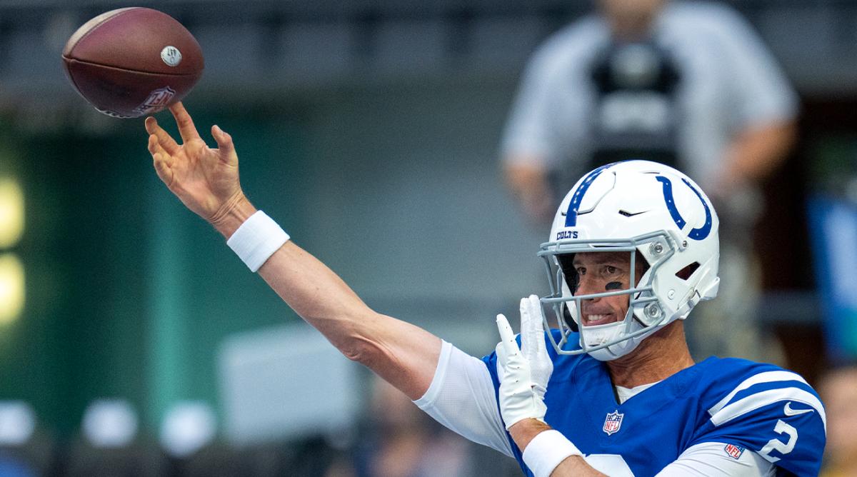Aug 27, 2022; Indianapolis, Indiana, USA; Indianapolis Colts quarterback Matt Ryan (2) warms up before a preseason game against the Tampa Bay Buccaneers at Lucas Oil Stadium.
