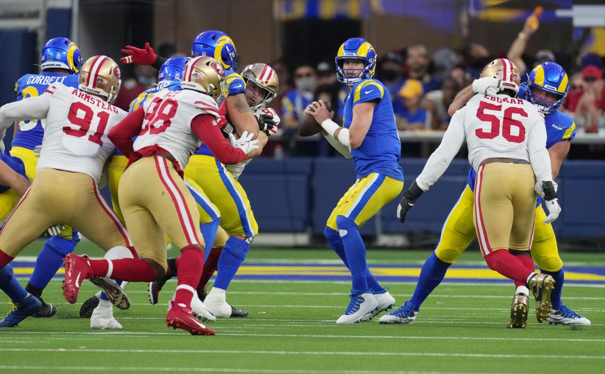 Los Angeles Rams quarterback Matthew Stafford (9) throws a pass against the San Francisco 49ers during the NFC Championship Game. Mandatory Credit: Kirby Lee-USA TODAY Sports