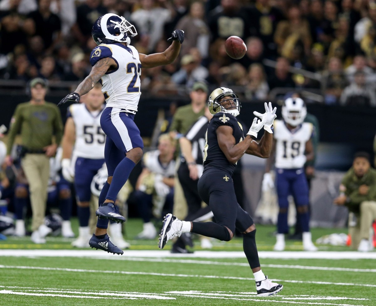 Nov 4, 2018; New Orleans Saints receiver Michael Thomas (13) hauls in a touchdown catch against the Los Angeles Rams. Mandatory Credit: Chuck Cook-USA TODAY Sports