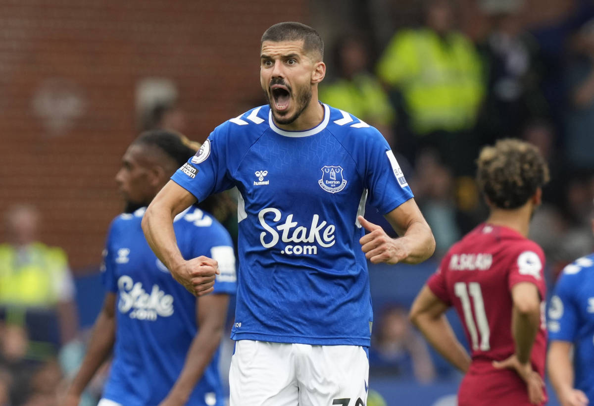 Everton defender Conor Coady pictured after his goal against Liverpool in September 2022 was disallowed for offside by a VAR review