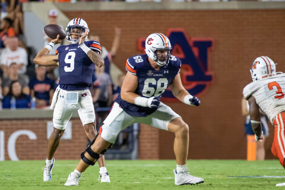 Auburn Tigers quarterback Robby Ashford (9) launches the deep pass to set up first and goal during the game between the Mercer Bears and the Auburn Tigers at Jordan-Hare Stadium on Sept. 3, 2022.