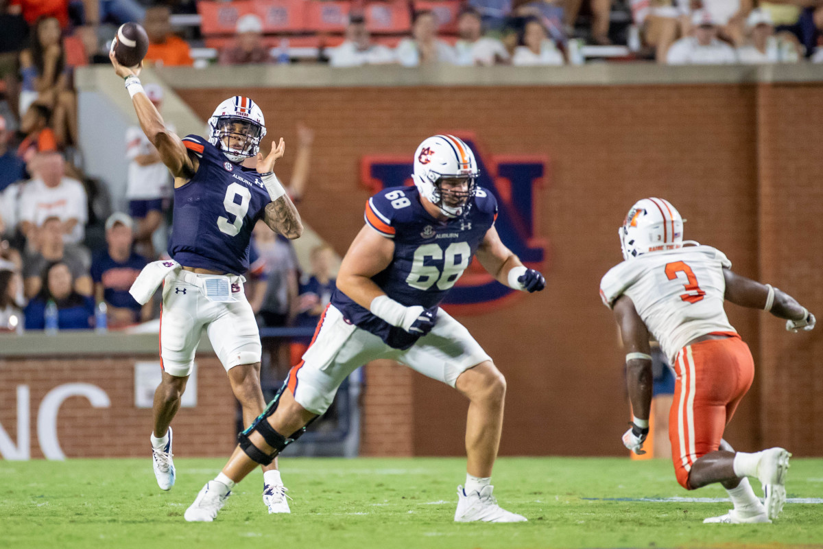 Auburn Tigers quarterback Robby Ashford (9) launches the deep pass to set up first and goal during the game between the Mercer Bears and the Auburn Tigers at Jordan-Hare Stadium on Sept. 3, 2022.