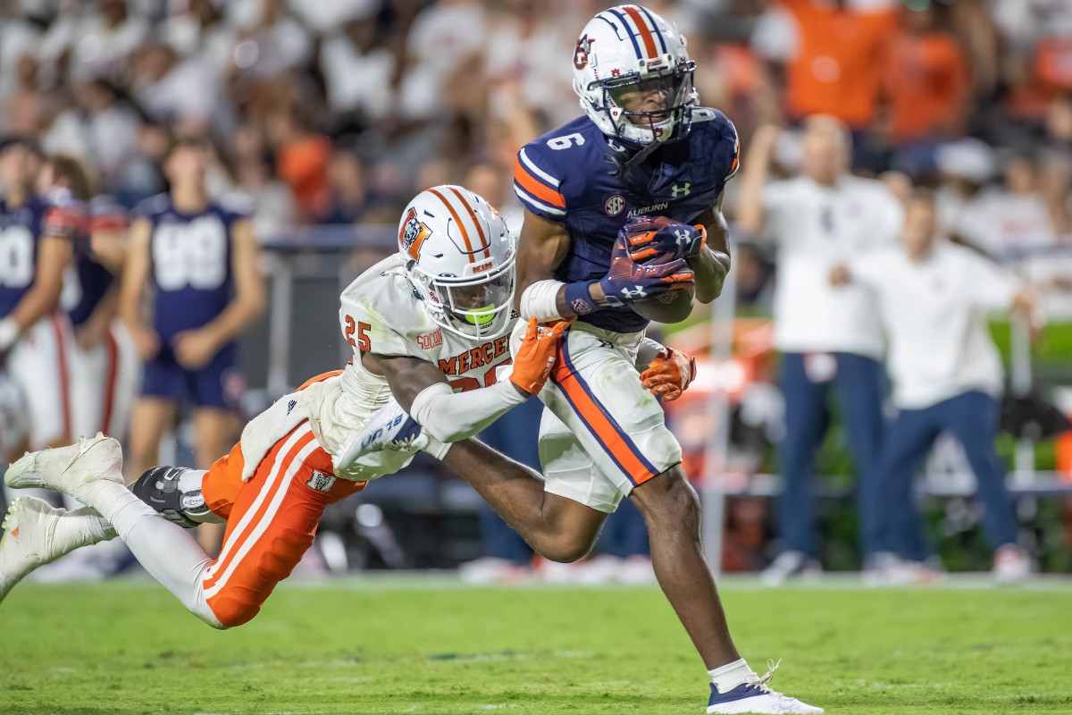 Auburn Tigers wide receiver Ja'Varrius Johnson (6) makes the reception to set the Tigers up with first and goal during the game between the Mercer Bears and the Auburn Tigers at Jordan-Hare Stadium on Sept. 3, 2022.