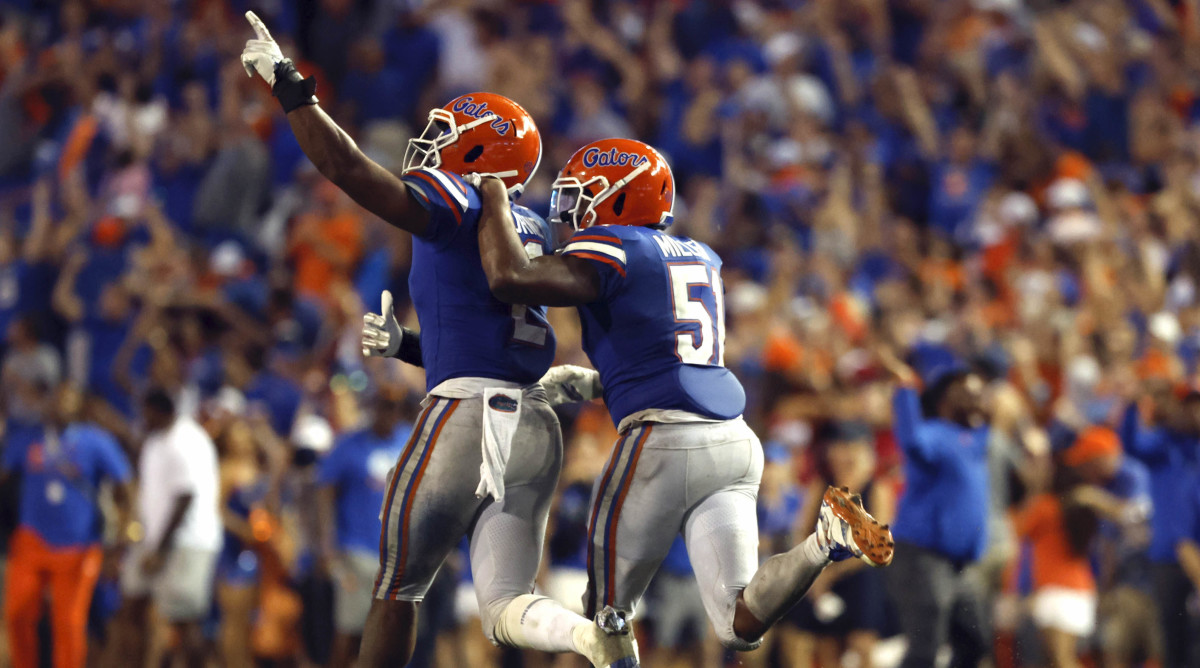 Florida Gators linebacker Amari Burney (2) celebrates with linebacker Ventrell Miller (51) after he intercepted the ball against the Utah Utes during the second half at Steve Spurrier-Florida Field.